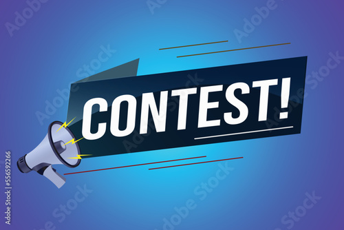 contest megaphone loud speaker design for ribbon banner poster. lettering with geometric shapes lines. advertising Vector illustration modern alert typographic blue color design template.	
