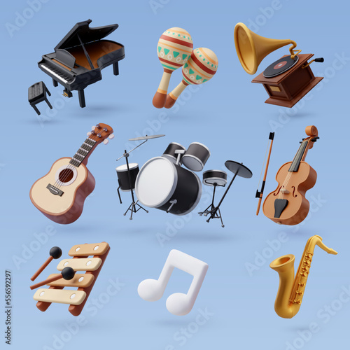 3d icon set of music instrument, musical and recreation concept.