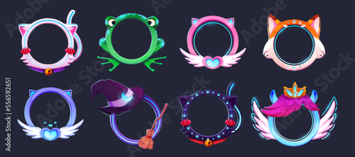 Round animal character game avatars design. Set of cute borders with fantasy cat tail, fox ears, frog eyes, magic pony crown, angel wings, witch hat and broomstick decor. Cartoon vector illustration