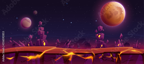 Dangerous alien planet surface with rocky surface, hot lava in cracks, piles of stones against dark outer space background with planets and stars. Cartoon vector illustration. Adventure game platform