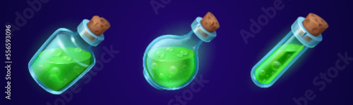Cartoon set of glass bottles with green magic potions isolated on dark background. Vector illustration of different shape corked jars with bubbly poisonous liquid substance. Game props collection