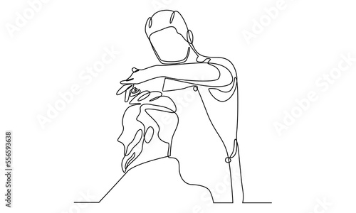 Continuous line of hairstylist serving client at barbershop