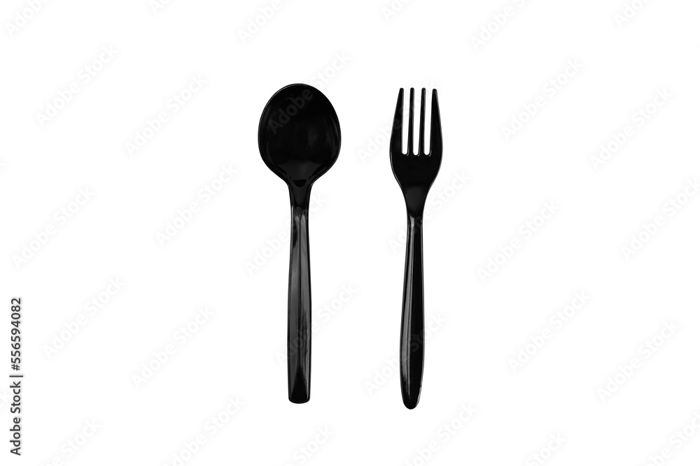 Black Plastic spoon and fork isolated on white background with clipping path. Black Plastic spoon and fork isolated on white background with clipping path.