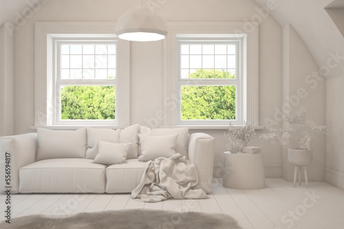 White living room with sofa. Scandinavian interior design. 3D illustration