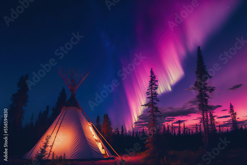 Amazing northern lights dancing over the tepees at Aurora Village in Yellowknife. Digital art 