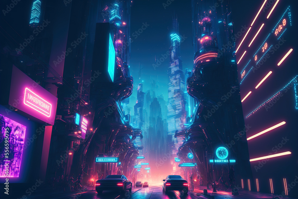 Futuristic city street in a cyberpunk style. Concept for night life, never sleep business district center. Digital artwork	
