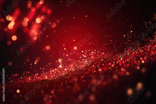 Background with abstract gold and red glitter, fireworks. Red and gold glitter vintage lights background. defocused. Beautiful Christmas background. Digital art