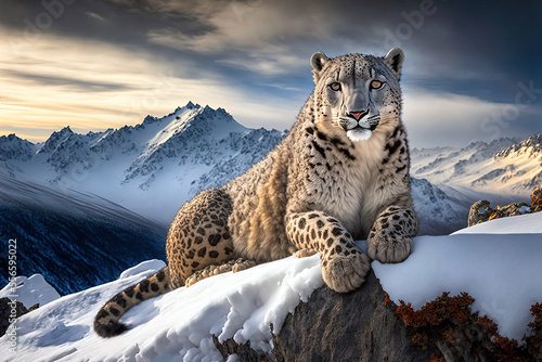 Snow leopard in the snow covered mountains. Digital artwork