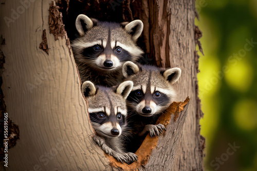 Three young raccoons scrambling over each other to peer out a hole in a large tree. Digital artwork	 photo