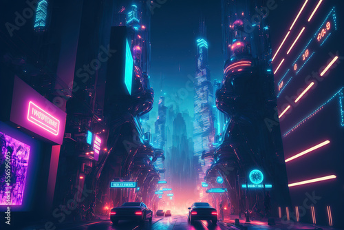 Futuristic city street in a cyberpunk style. Concept for night life, never sleep business district center. Digital artwork 