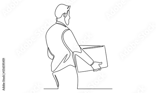 Continuous line of delivery man standing with carton box packages