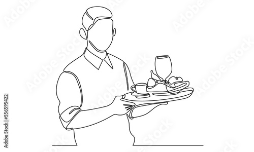 continuous line of waiter holding a serving tray