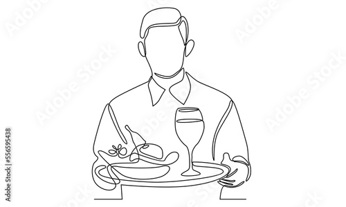 continuous line of waiter holding a serving tray