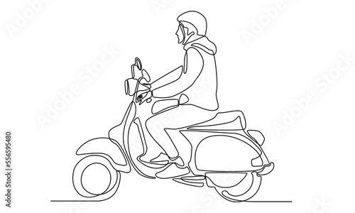 Continuous line of man riding old motorcycle