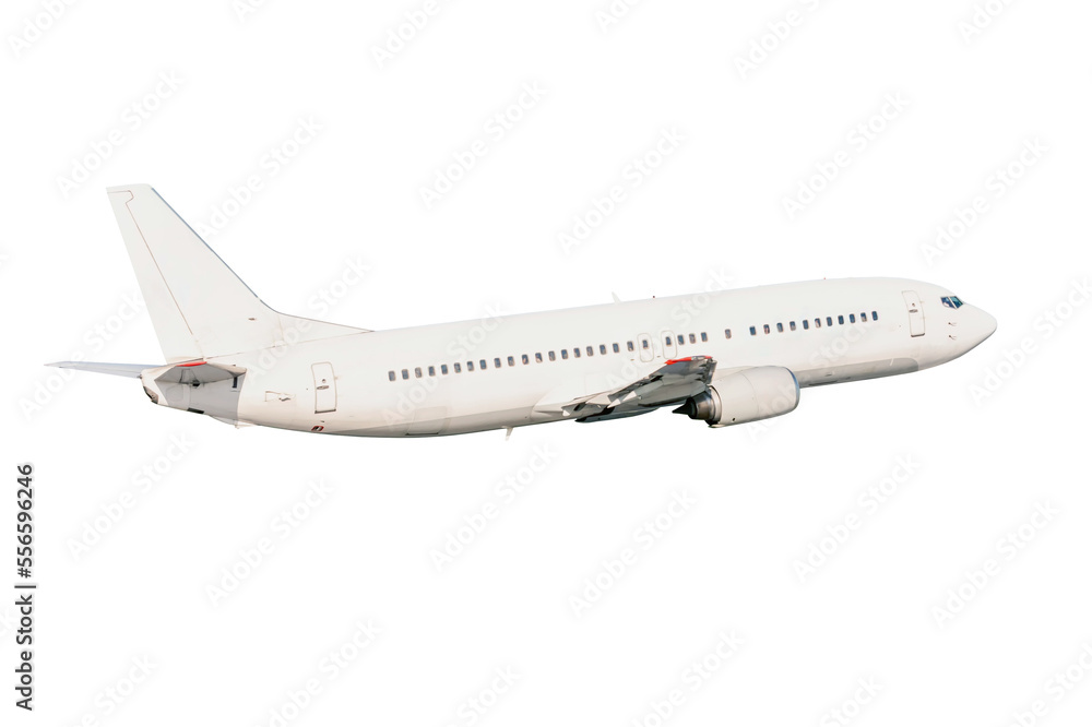 White passenger airplane flies isolated on transparent background