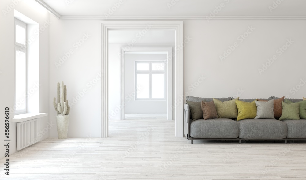 White living room with sofa. Scandinavian interior design. 3D illustration White living room with sofa. Scandinavian interior design. 3D illustration