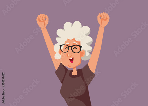 Happy Granny Celebrating Feeling Joyful Vector Cartoon Illustration. Exuberant granny feeling positive and optimistic raising hands expressing joy 
