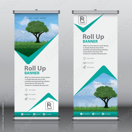 Roll up banner design template vector, abstract background, modern x-banner, rectangle size