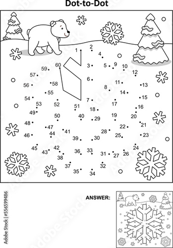 Snowflake dot-to-dot picture puzzle and coloring page. Answer included.

