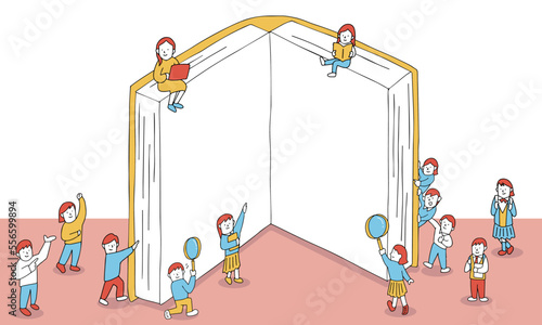 教室のイメージ　本の周りに集まってくる学生のイラスト