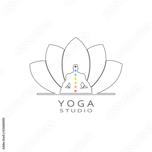 Man with chakra points sitting in yoga lotus pose. Relaxed male character performing meditation exercise. Logo for sport and health business.