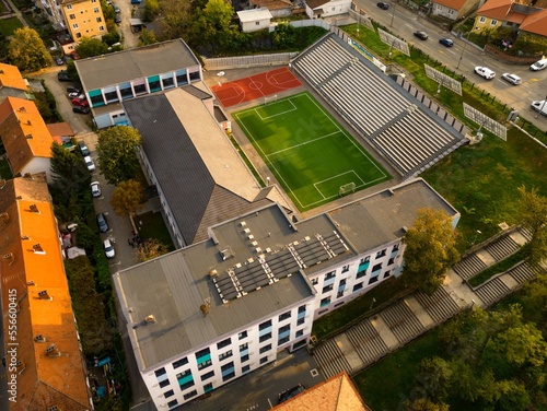  Aerial view of a modern and stylish school situated in the city of Resita, Romania.