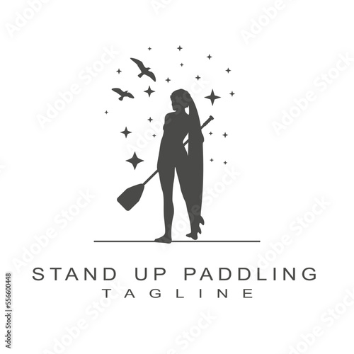 Woman posing with surfboard and paddle. Stand up paddle boarding logo design isolated on white background. Birds and stars