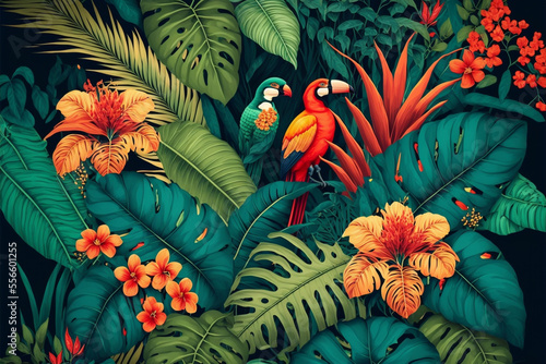 Tropical jungle exotic print with toucan  parrot  leaves and flowers. Generative AI.