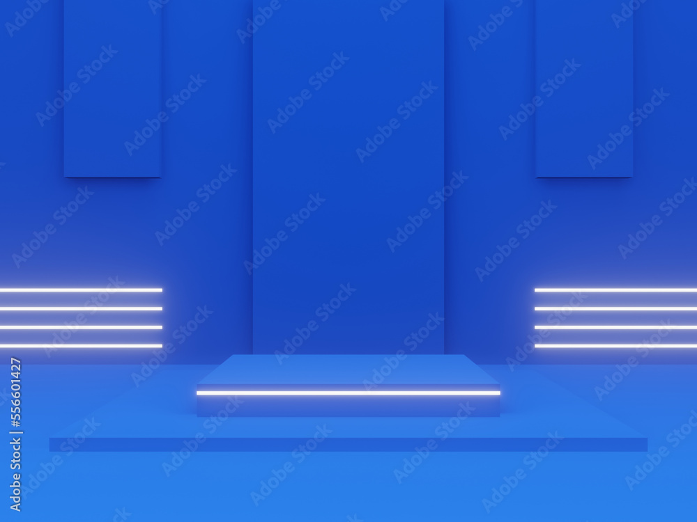 Obraz premium 3D blue podium with white neon lights
