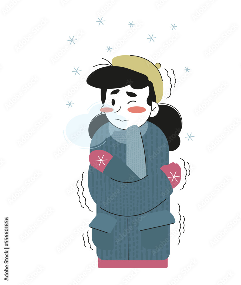 Vector winter illustration, the girl is shivering and freezing from the cold in winter. Weather forecast, cold, winter. Poster, advertisement, booklet. Vector winter illustration, the girl is shivering and freezing from the cold in winter. Weather forecast, cold, winter. Poster, advertisement, booklet.
