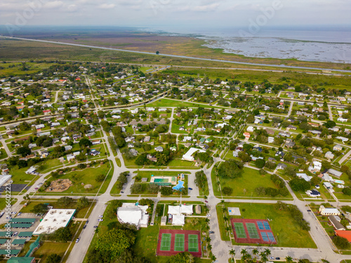 Aerial drone photo of nice neighborhoods in Clewiston Florida USA