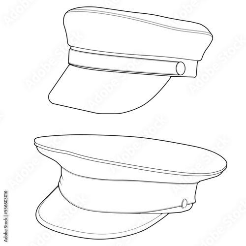 Set of outline military cap vector illustration isolated on white background. Outline military cap vector for coloring book.