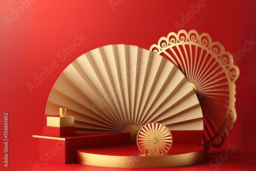 3D illustration Chinese New Year red and golden theme product display background with ingot, paper fan and podium. stock illustration Chinese New Year, Three Dimensional, Chinese Culture, Podium, Red photo