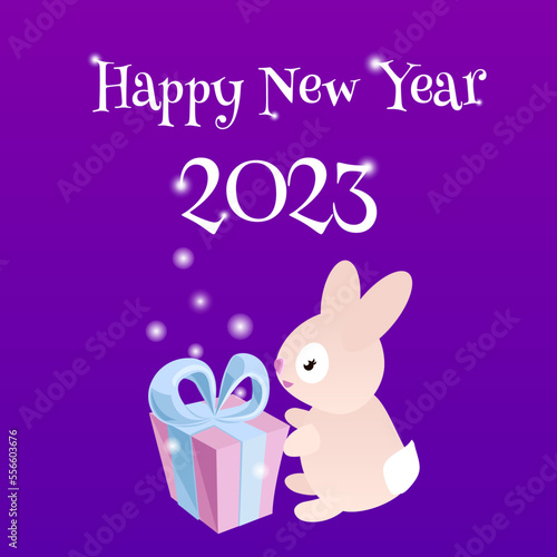2023 Year New Year s rabbit character Illustration. rabbit with a gift for the new year. Postcard. Vector illustration. Flat style.