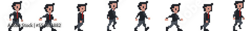 Walk Cycle animation frames. Male businessperson character. 8 bit pixel art vector illustration isolated on white background.