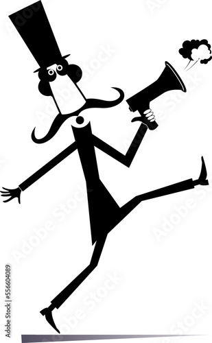 Man, megaphone and news isolated illustration. 
Cartoon mustache in the top hat man with megaphone makes announcement. Black on white
