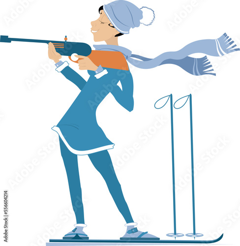 Biathlon competitor woman illustration. 
Shooting in the stand position biathlon competitor woman. Isolated on white background

