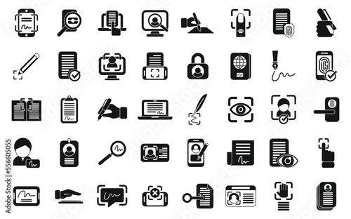 Handwriting identification icons set simple vector. Access approve. Biometric finger