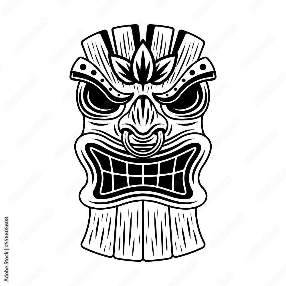 Φωτογραφία Tiki wooden head vector illustration in monochrome vintage style isolated on whi