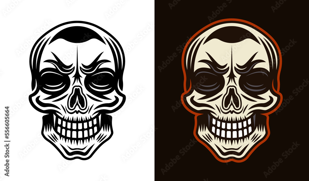 Skull vector character illustration in two styles black on white and colorful on dark background Skull vector character illustration in two styles black on white and colorful on dark background