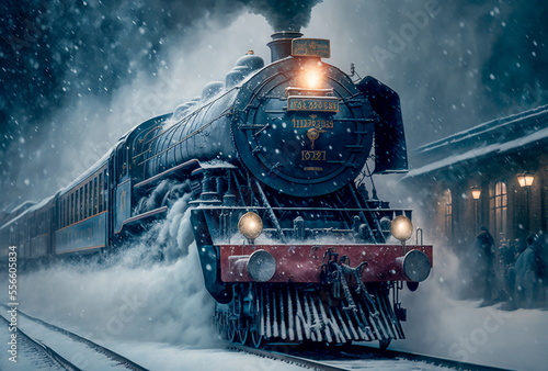 Fotografie, Obraz A vintage steam train travelin during a blizzard