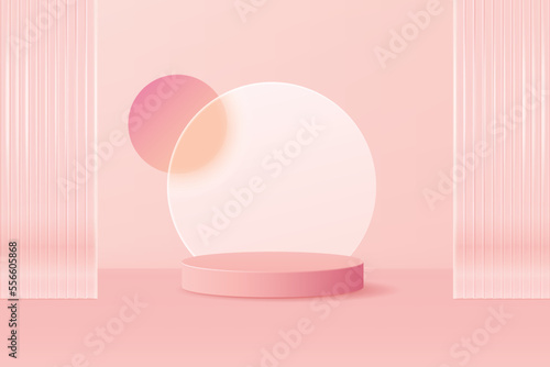 Cylinder podium with translucent round glassmorphism on pink background. Pedestal pastel minimal showcase mockup. stage for display of product design. 3d illustration.