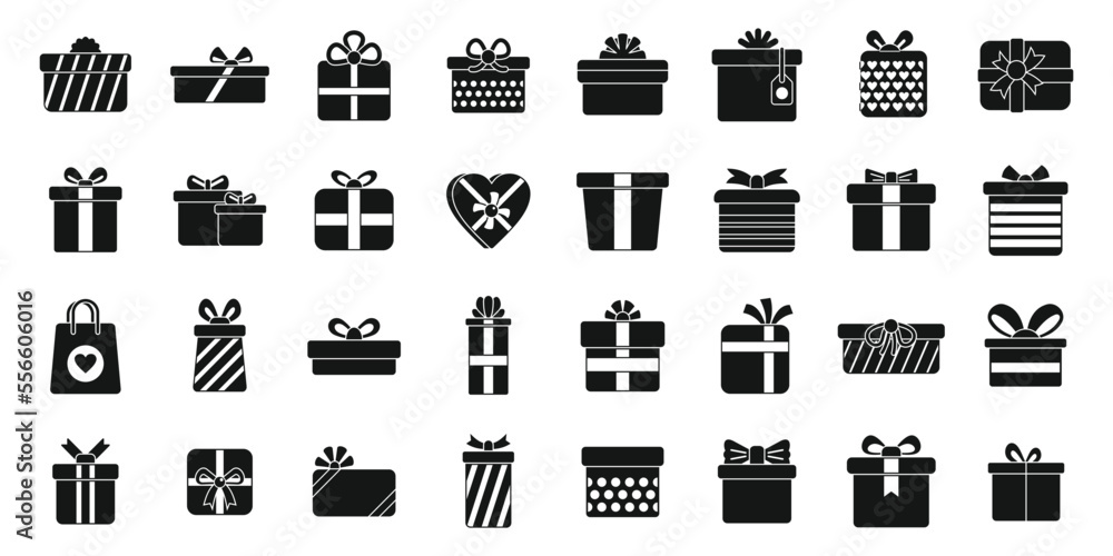 Birthday gift icons set simple vector. Present box. Card bow Birthday gift icons set simple vector. Present box. Card bow