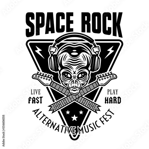 Space rock music festival vector emblem, label, badge or logo with alien head and crossed broken guitar necks. Monochrome illustration in vintage style isolated on white background