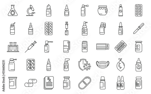 Antiviral medicines icons set outline vector. Covid syringe. Corona drug