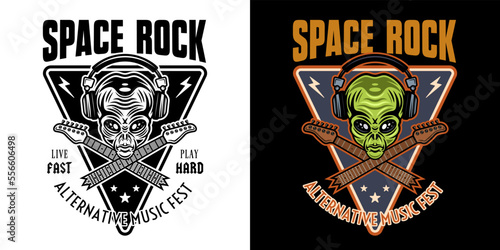 Rock music festival vector emblem, label, badge or logo with alien head and crossed broken guitar necks. Two styles black on white and colorful on dark background