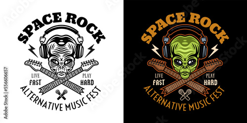 Rock music festival vector emblem, label, badge or logo with alien head in headphones and two crossed broken guitar necks. Two styles black on white and colorful on dark background vector illustration
