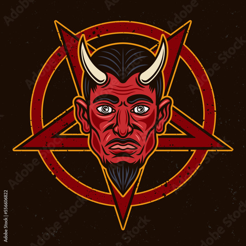 Devil head with horns and pentagram upside down star vector illustration in colorful style on dark background