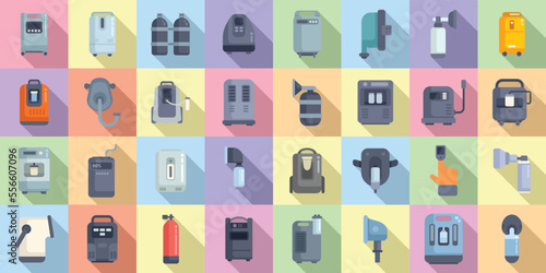 Medical oxygen concentrator icons set flat vector. Aid doctor. Air clinic