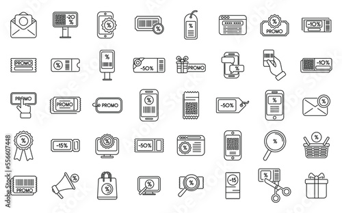 Promotional code icons set outline vector. Discount percent. Price sale